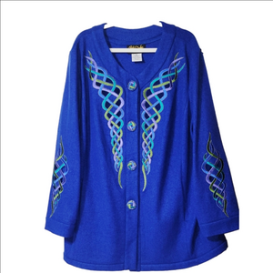 BOB MACKIE WEARABLE ART Wool Blend Blue Jacket, Celtic-inspired Embroidery, 2X